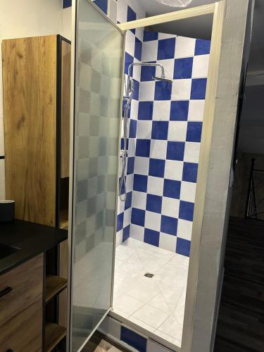 a shower with a blue and white checkered wall at Maison loft au cachet ancien in Villasavary