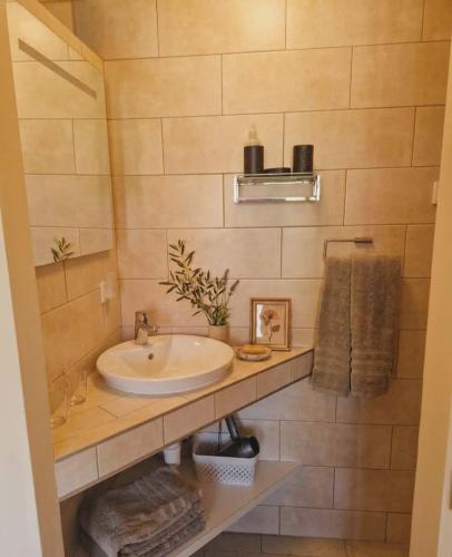 a bathroom with a sink and a counter with towels at B&B The Protea in Zonnebeke
