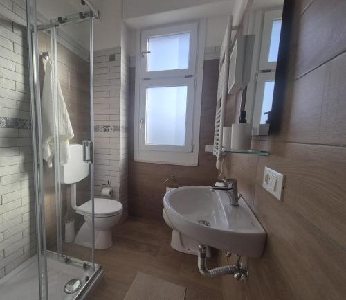 a bathroom with a sink and a toilet and a glass shower at Affittacamere Le Fontane in Altopascio