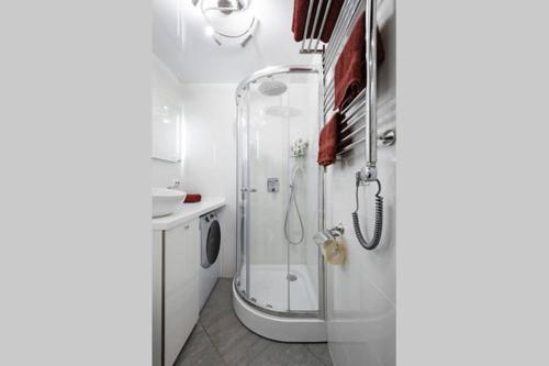 トゥーラにあるApartment Frunzeのバスルーム(ガラス張りのシャワー付)