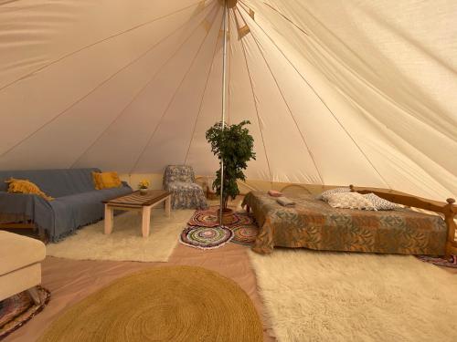 a living room with a tent with a couch and a table at Lahemaa Glamping in Viinistu