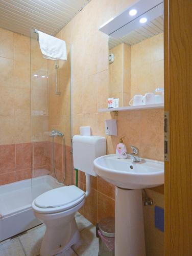 a bathroom with a toilet and a sink and a shower at Villa Apollo Ohrid Lakeside in Ohrid