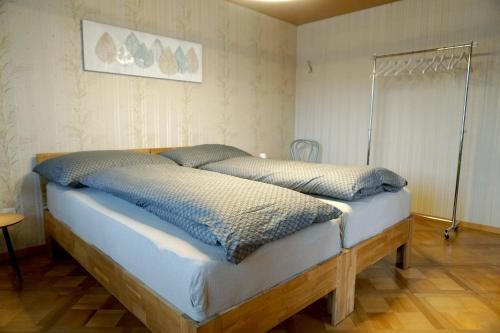 a bedroom with a bed with blue pillows at Gemütliches Appartement im Emmental - Sumiswald in Sumiswald