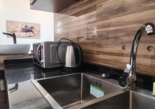 a kitchen counter with a sink and a microwave at Appartement Une Chambre Salon Ouando - SKYFORCE in Porto-Novo