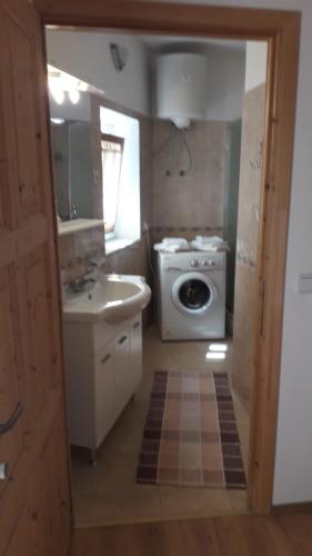 a bathroom with a sink and a washing machine at Appartment Plaza in Krnica