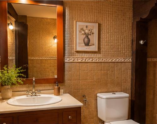 a bathroom with a sink and a toilet and a mirror at La Senda del Norte in Cabezón de la Sal