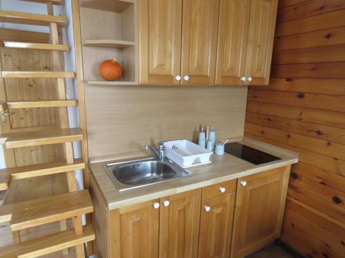 eine kleine Küche mit einem Waschbecken und Holzschränken in der Unterkunft Guesthouse Stefanac in Otočac