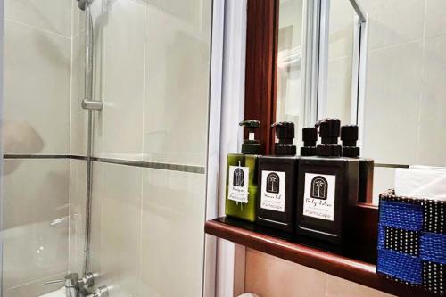 a bathroom with a shower and some bottles on a shelf at Palmscape Boutique Hotel in Hulhumale