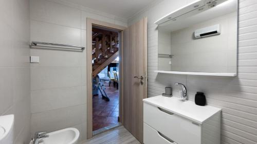 a bathroom with a sink and a toilet and a mirror at Villa Katarina by Villas Guide in Barban