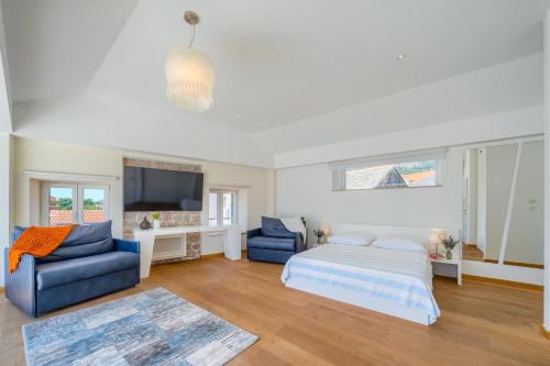 a bedroom with a bed and a couch and a tv at Villa Majestic with heated pool and rooftop terrace in Bol