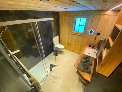 an overhead view of a bathroom with a shower and a toilet at Chalet Schwendiboden in Grindelwald