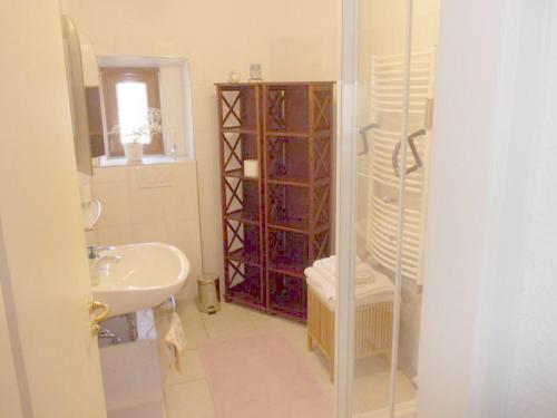 a bathroom with a sink and a shower and a toilet at Dinkelsbühl-Ferienappartement in Mönchsroth