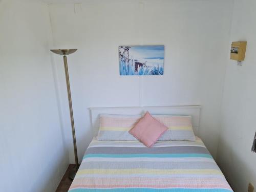 a bed with a pink pillow and a lamp in a room at Rakaunui Retreat in Raglan