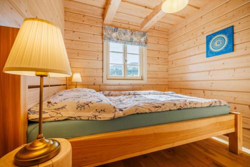 a bedroom with a bed with a lamp and a window at Roubenka Pod Oblohou in Dolní Morava