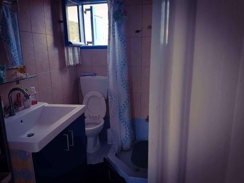 a bathroom with a sink and a toilet and a window at Cycladic residence, Saint George, Antiparos in Agios Georgios