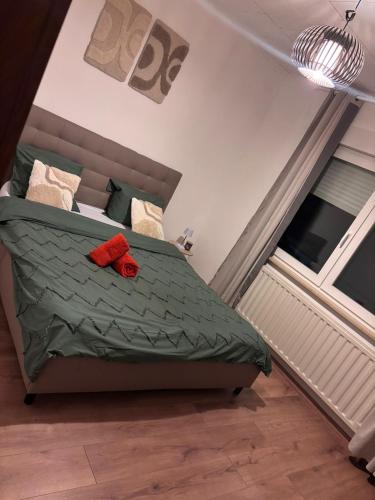 a bed with a green comforter and a red sock at Le Petit Refuge de Malmedy in Malmedy