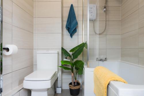 a bathroom with a toilet and a plant at Heath Lodge in Stockingford