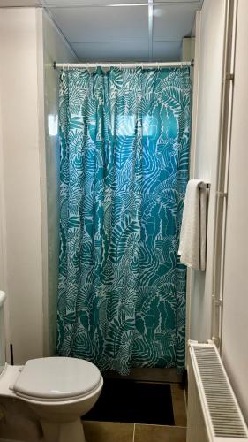 a bathroom with a shower with a blue shower curtain at Birlik in Tengiz