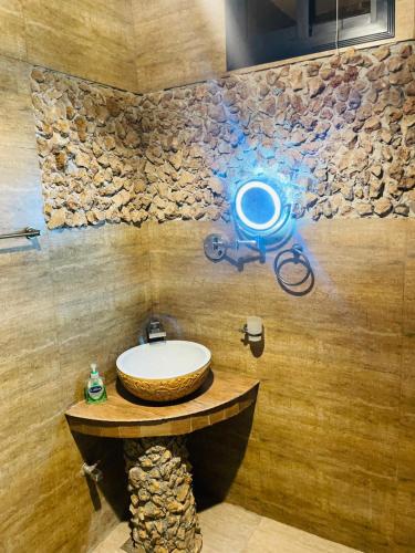 a bathroom with a sink and a stone wall at Hestia by Gunner Lodges in Patriata
