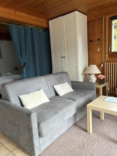 a living room with a gray couch and a table at Grand Studio cosy in Sallanches