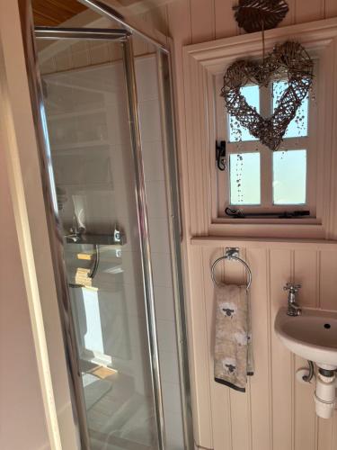 a bathroom with a shower and a sink and a mirror at Shepherds Rest in Peak Forest