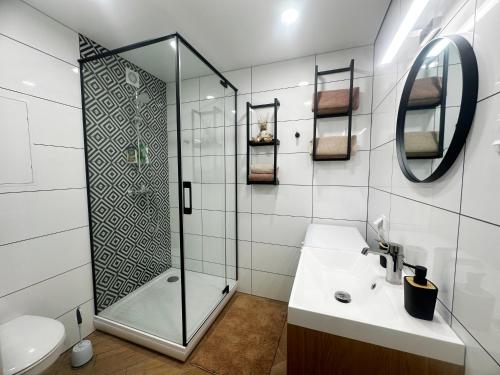a bathroom with a shower and a sink and a toilet at Vanilla Sunrise Apartments in Sillamäe