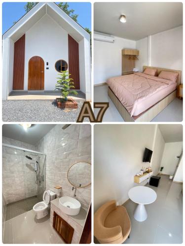 a collage of pictures of a bedroom and a bathroom at แอดโฟร์รีสอร์ท in Ban Phrao