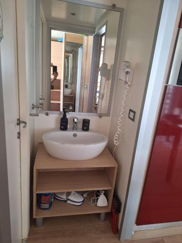 a bathroom with a sink and a large mirror at Spacious Mobile Home "House Lena" for 7 in Eurocamp Rača - Sea View & Private terrace in Sveti Juraj