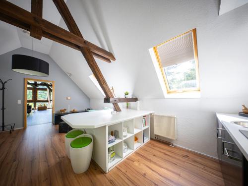 a kitchen with a white counter and a window at Beim alten Forsthaus in Zella-Mehlis