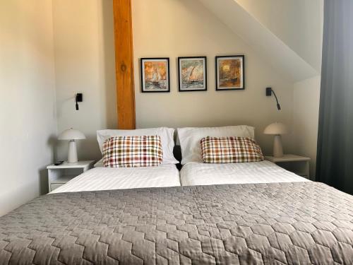 a bedroom with two beds with pillows on it at Malanówka II Radęcin in Radęcin