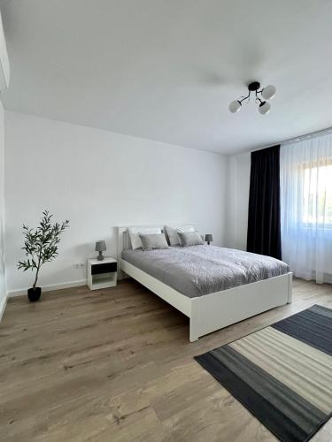 a white bedroom with a bed and a window at Colt de Apuseni in Curăţele