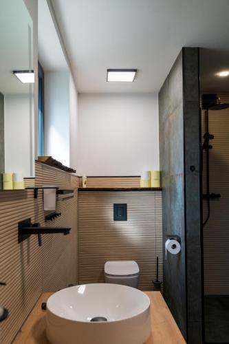 a bathroom with a white sink and a toilet at Chata Vali in Loučovice