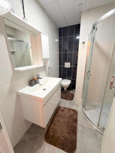 a bathroom with a sink and a shower and a toilet at Classic Suite SS5 in Istanbul