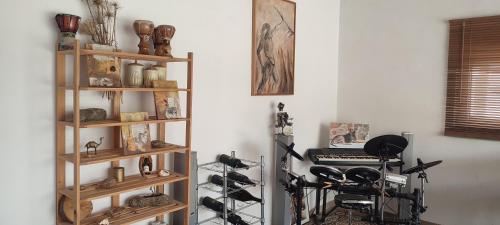 a room with wooden shelves and a musical instrument at Kyrios Lounge Studio with use of private pool in Carrascal