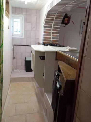 a small kitchen with a sink and a bathroom at WCB Bees in Saint-Vérain