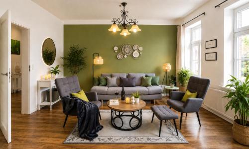 a living room with a couch and chairs and a table at Gästeliebling, Apartment Piepmäker mit Parkplatz und Terrasse, Bahnhof fußläufig in Goslar