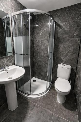 a bathroom with a shower and a toilet and a sink at Letras del Tormes in Salamanca