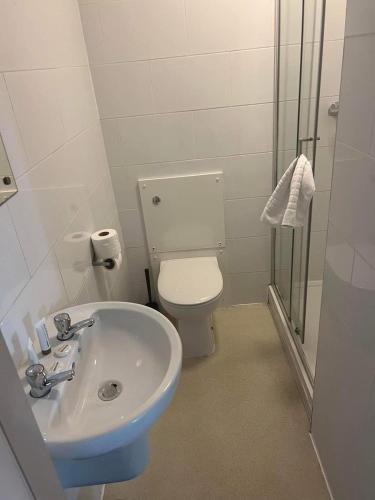 a bathroom with a toilet and a sink and a shower at The Moseley Arms in Birmingham