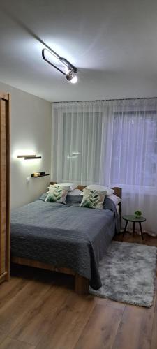 a bedroom with a large bed in front of a window at Emily Apartman Salgótarján in Salgótarján