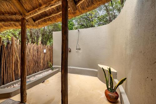 a patio with a plant in a vase on a porch at Umlani Bushcamp in Timbavati Game Reserve