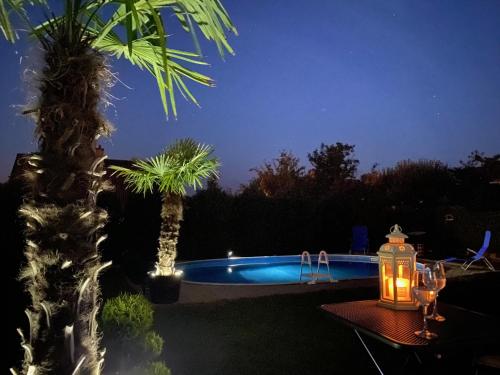 a swimming pool at night with a lantern and palm trees at Komfortný apartmán s bazénom a súkromným parkoviskom - 24h self check-in in Banská Bystrica