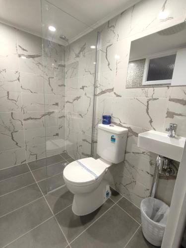 a bathroom with a white toilet and a sink at Tintinara Hotel in Tintinara
