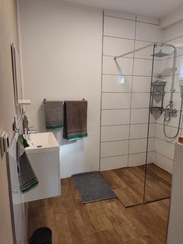 a bathroom with a sink and a shower at Apartment Linde Otzenhausen in Nonnweiler