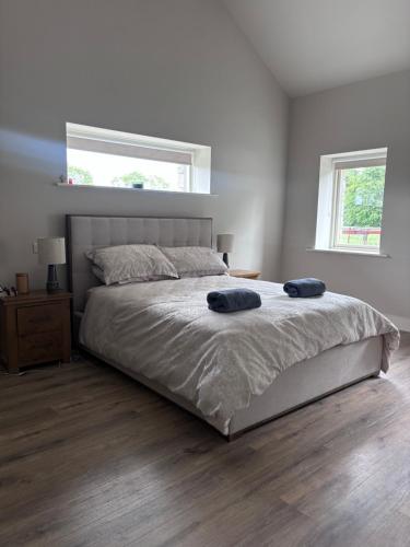a bedroom with a bed with two blue towels on it at Moate View House in Ballymore Eustace