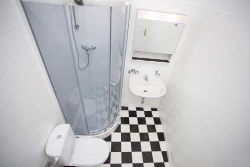 a bathroom with a shower and a toilet and a sink at Cozy Downtown Rooms in Warsaw