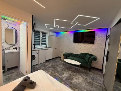a living room with a green couch and a tv at Mini Studio Aristocrat in Târgovişte