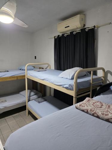 a room with two bunk beds and a window at Hostel da Floresta in Vitória