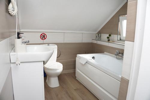 a bathroom with a sink and a toilet and a bath tub at Casa Corina Dubova in Dubova