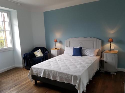 a bedroom with a large white bed with blue walls at Champan in Toulouzette
