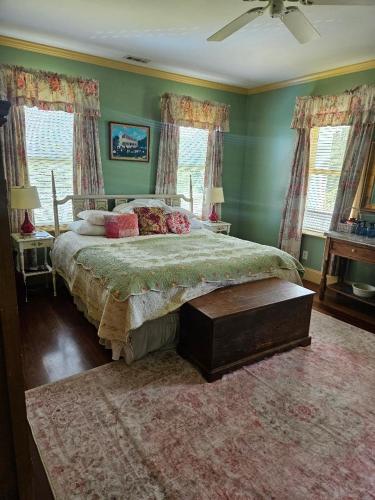 ein Schlafzimmer mit einem großen Bett und grünen Wänden in der Unterkunft Gloucester House with Sea View in Gloucester